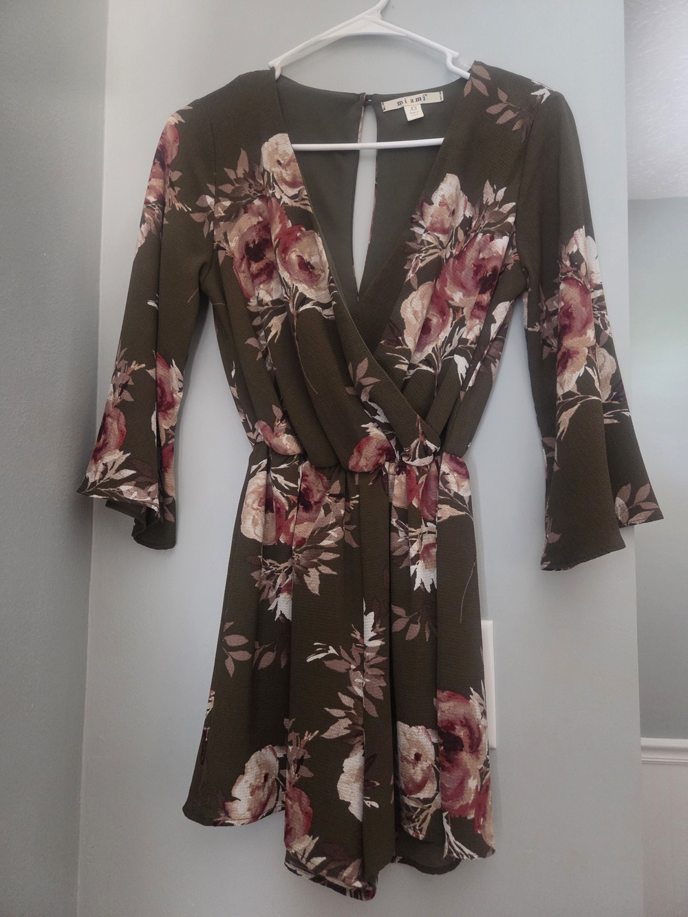 miami Olive Floral Wrap Romper Dress with Pink Blooms